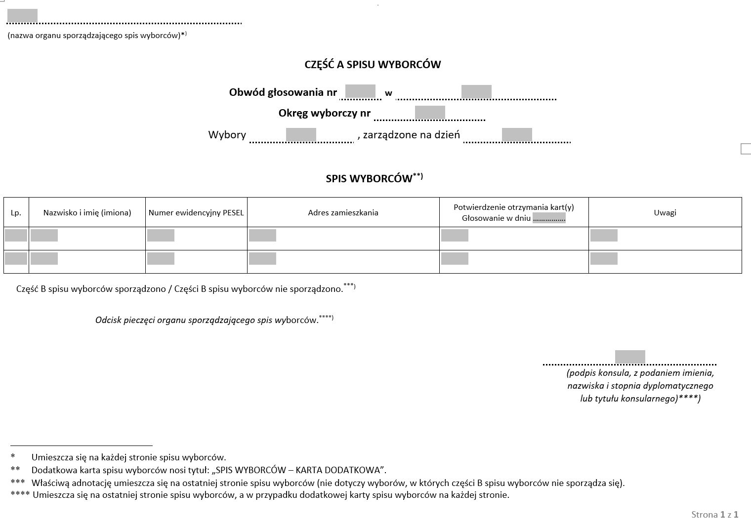 Wzory dotyczące spisu wyborców sporządzanych i aktualizowanych przez konsula