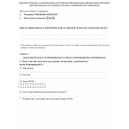 Żądanie wydania zaświadczenia o wysokości przeciętnego miesięcznego dochodu przypadającego na jednego członka gospodarstwa domowego