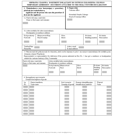 Odprawa czasowa - Dokument dołączany do ustnego zgłoszenia celnego (Temporary admission - Document attached to the oral customs declaration)