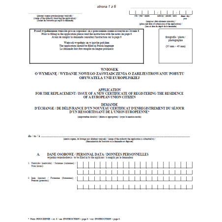 Wniosek o wymianę / wydanie nowego zaświadczenia o zarejestrowaniu pobytu obywatela Unii Europejskiej