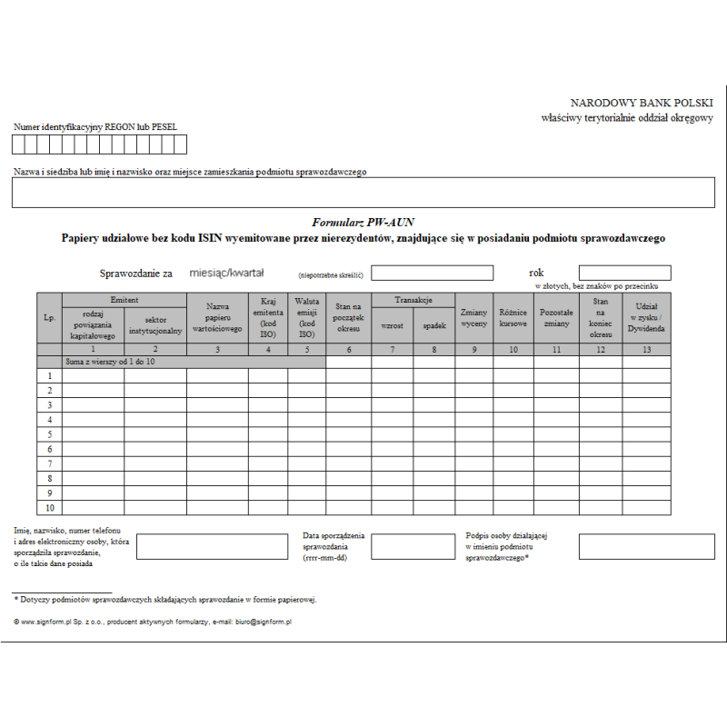 Formularz PW-AUN