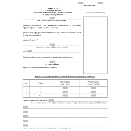 Protokół z przebiegu badania urządzeniem elektronicznym zawartości alkoholu w wydychanym powietrzu