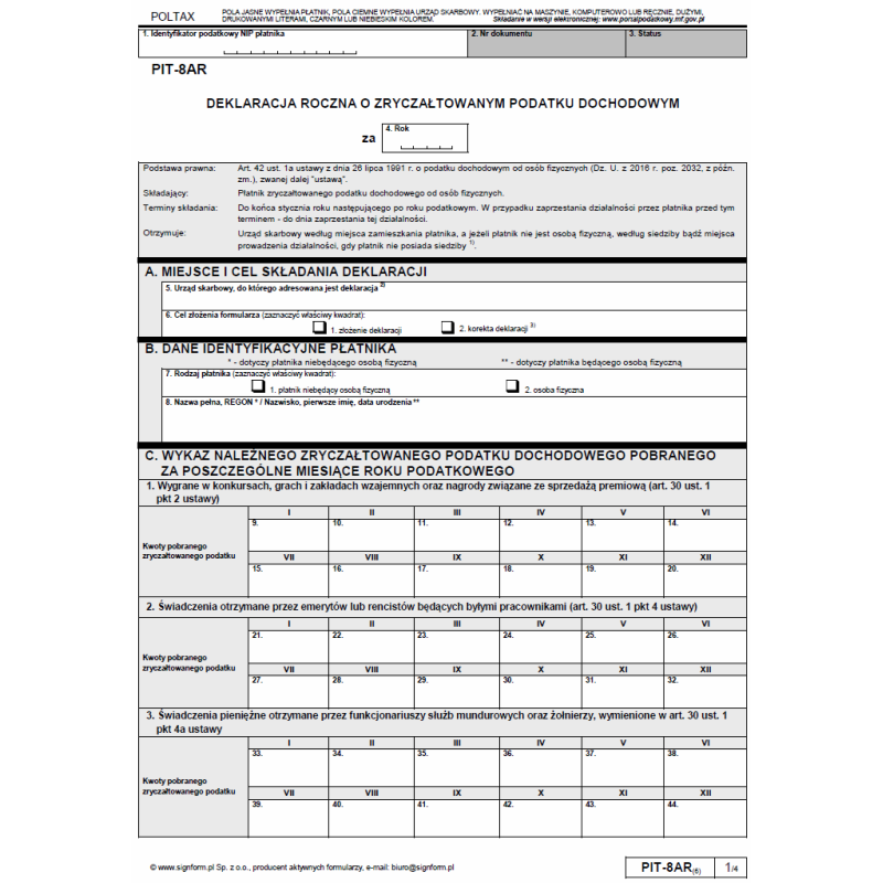 Pit 8ar Deklaracja Roczna O Zryczałtowanym Podatku Dochodowym 6897