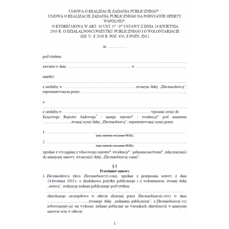 Umowa o realizację zadania publicznego / umowa o realizację zadania publicznego na podstawie oferty wspólnej, o której mowa w art. 16 ust. 1 / 6 ustawy z dnia 24 kwietnia 2003 r. o działalności pożytku publicznego i o wolontariacie