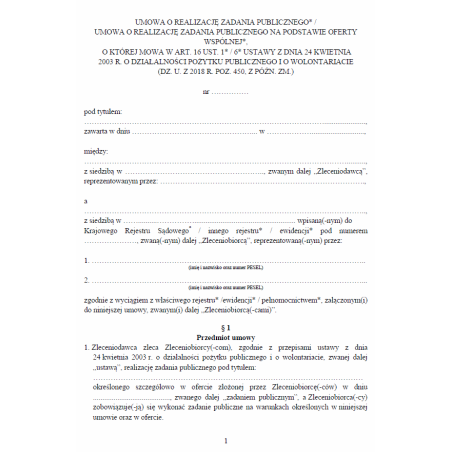 Umowa o realizację zadania publicznego / umowa o realizację zadania publicznego na podstawie oferty wspólnej, o której mowa w art. 16 ust. 1 / 6 ustawy z dnia 24 kwietnia 2003 r. o działalności pożytku publicznego i o wolontariacie