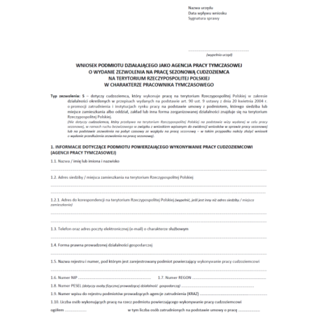 Wniosek podmiotu działającego jako agencja pracy tymczasowej o wydanie zezwolenia na pracę sezonową cudzoziemca na terytorium Rzeczypospolitej Polskiej w charakterze pracownika tymczasowego