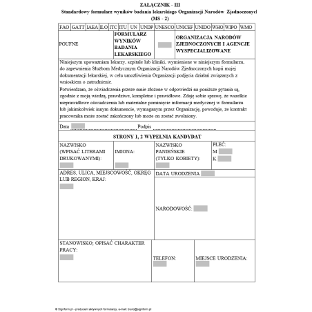 Standardowy formularz wyników badania lekarskiego Organizacji Narodów Zjednoczonych (MS - 2)  - Załącznik III