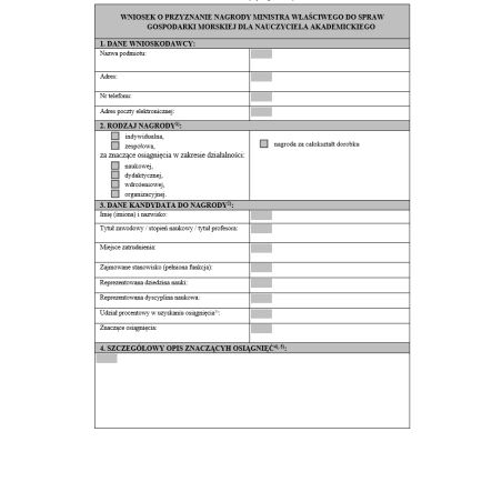 Wniosek o przyznanie nagrody ministra właściwego do spraw gospodarki morskiej dla nauczyciela akademickiego
