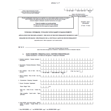 Wniosek o wymianę / wydanie nowej karty stałego pobytu