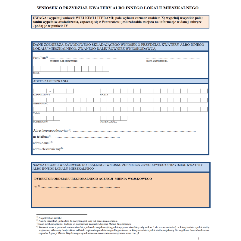 Wniosek o przydział kwatery albo innego lokalu mieszkalnego żołnierzowi zawodowemu przez Agencję Mienia Wojskowego