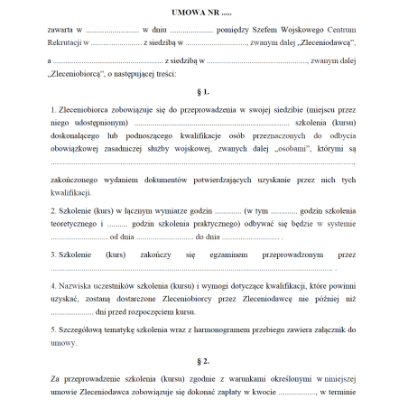 Umowa o przeprowadzenie szkolenia (kursu) doskonalącego lub podnoszącego kwalifikacje osób przeznaczonych do odbycia obowiązkowej zasadniczej służby wojskowej