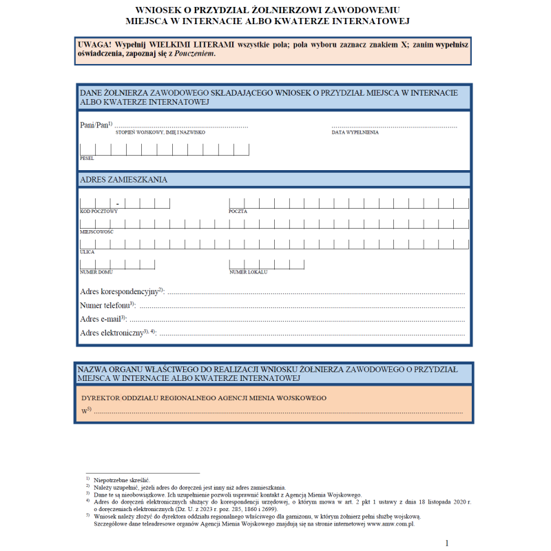 Wniosek o przydzielenie żołnierzowi zawodowemu miejsca w internacie albo kwaterze internatowej