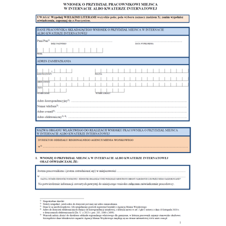 Wniosek o przydział pracownikowi miejsca w internacie albo kwaterze internatowej