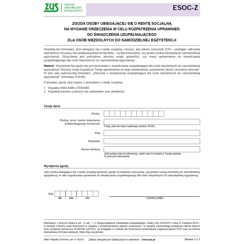 ESOC-Z Zgoda osoby ubiegającej się o rentę socjalną na wydanie orzeczenia - w celu rozpatrzenia uprawnień do świadczenia uzupełniającego dla osób niezdolnych do samodzielnej egzystencji