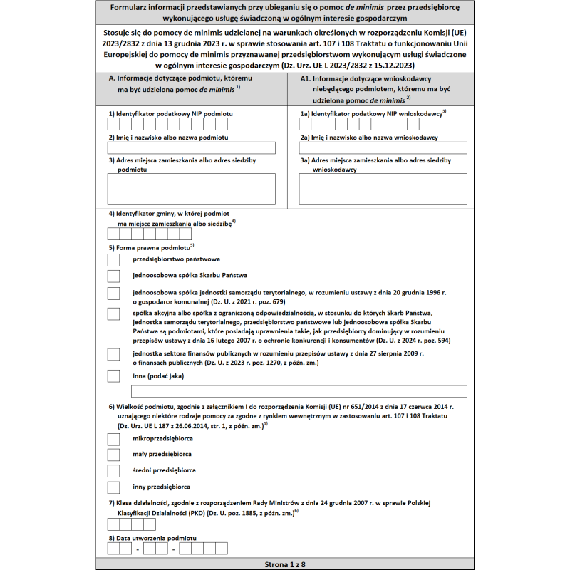 Formularz informacji przedstawianych przy ubieganiu się o pomoc de minimis przez przedsiębiorcę wykonującego usługę świadczoną w ogólnym interesie gospodarczym