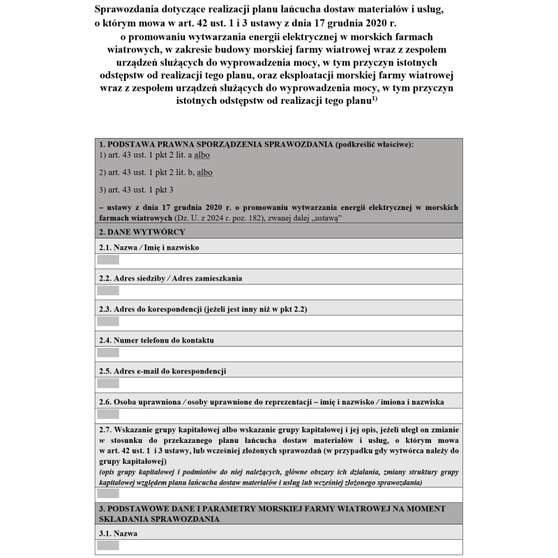 Sprawozdania dotyczące realizacji planu łańcucha dostaw materiałów i usług o promowaniu wytwarzania energii elektrycznej w morskich farmach wiatrowych