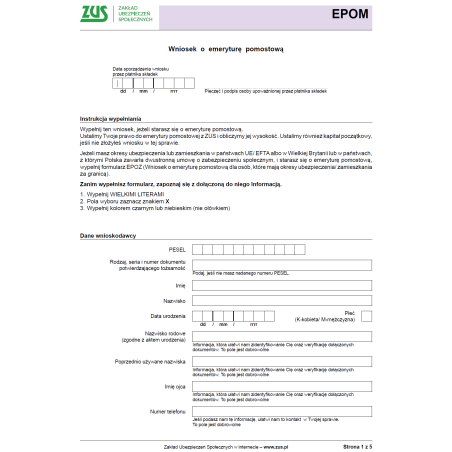 ZUS EPOM Wniosek o emeryturę pomostową