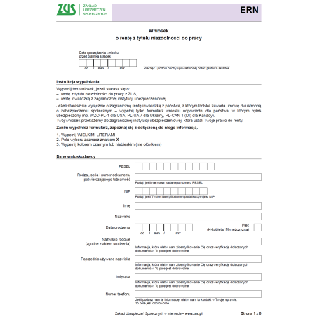 ERN Wniosek o rentę z tytułu niezdolności do pracy