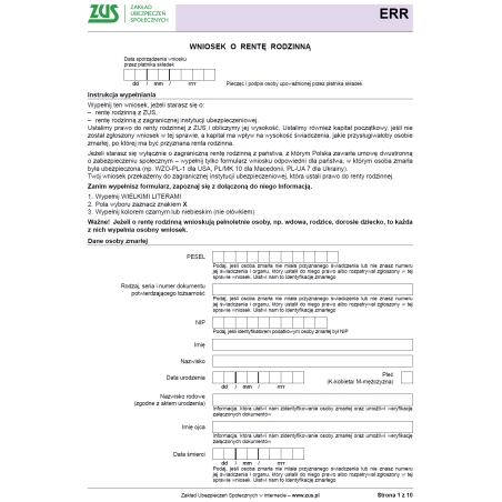 ZUS ERR Wniosek o rentę rodzinną