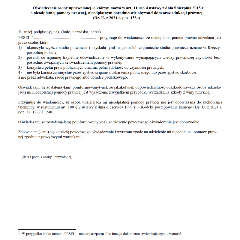 Oświadczenie osoby uprawnionej, o którym mowa w art. 11 ust. 4 ustawy z dnia 5 sierpnia 2015 r. o nieodpłatnej pomocy prawnej, nieodpłatnym poradnictwie obywatelskim oraz edukacji prawnej