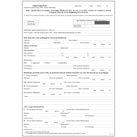 Formularz rejestracyjny KSIP – rejestracja osoby, o której mowa w art. 10 ust. 1 ustawy z dnia 10 czerwca 2016 r. o działaniach antyterrorystycznych