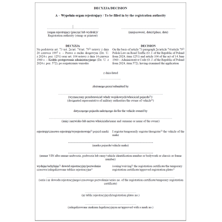 Decyzja o rejestracji, czasowej rejestracji albo wyrejestrowaniu pojazdu, o którym mowa w art. 73 ust. 2a ustawy z dnia 20 czerwca 1997 r. – Prawo o ruchu drogowym