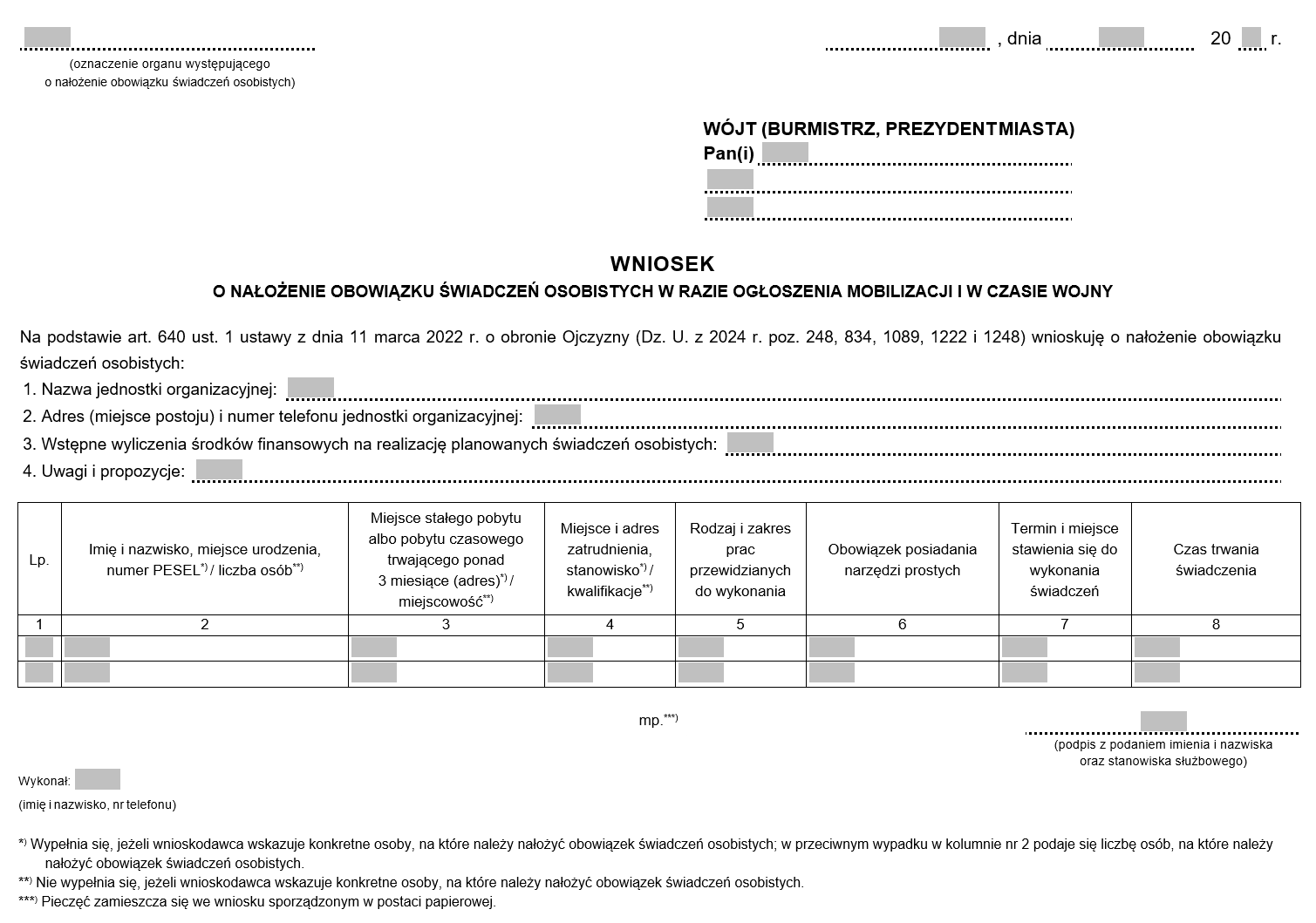 Świadczenia osobiste i rzeczowe na rzecz obrony w razie ogłoszenia mobilizacji i w czasie wojny - Wzory formularzy