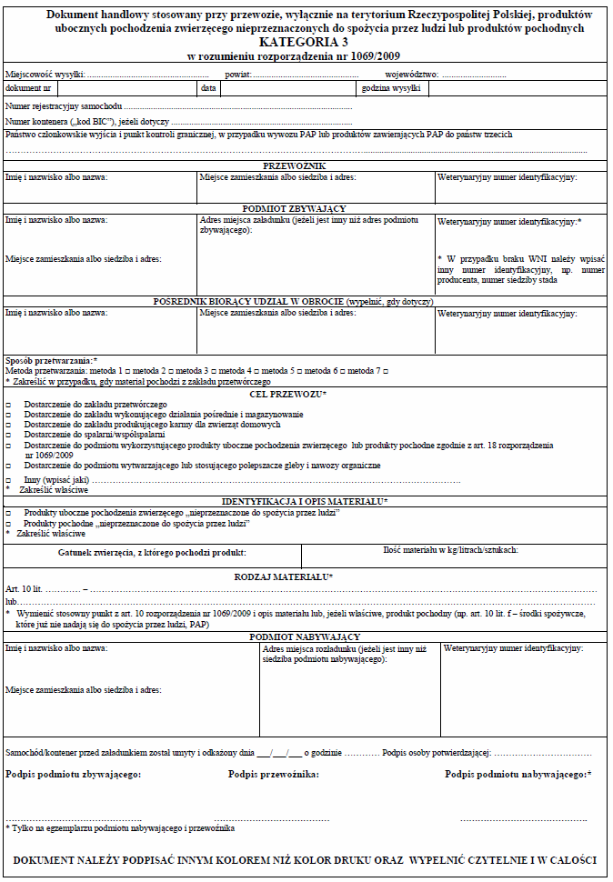 Wzory dokumentów handlowych stosowane przy przewozie, wyłącznie na terytorium Polski, produktów ubocznych pochodzenia zwierzęcego nieprzeznaczonych do spożycia przez ludzi lub produktów pochodnych