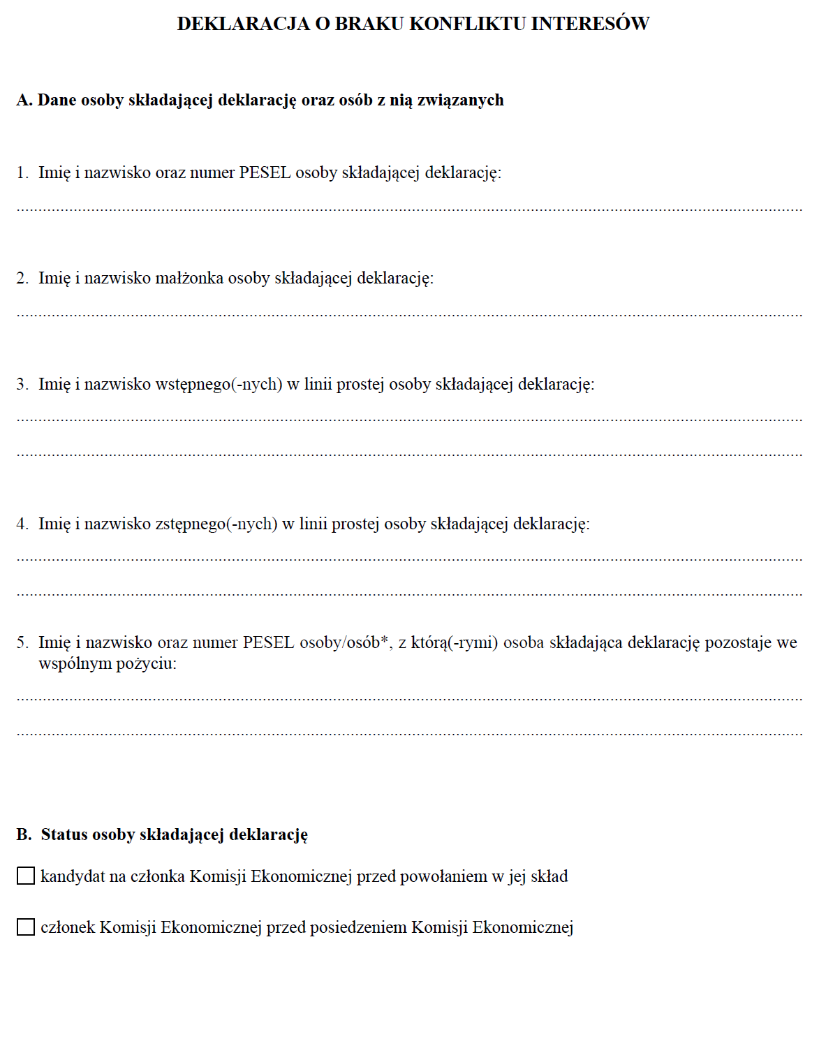 Deklaracja o braku konfliktu interesów oraz określenia wysokości wynagrodzenia członków Komisji Ekonomicznej