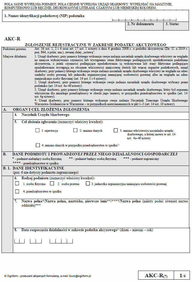 AKC-R Zgłoszenie rejestracyjne w zakresie podatku akcyzowego