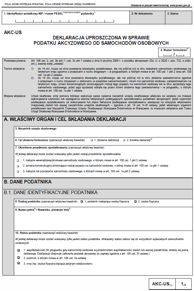 AKC-US - WZÓR Deklaracji uproszczonej w sprawie podatku akcyzowego od samochodów osobowych