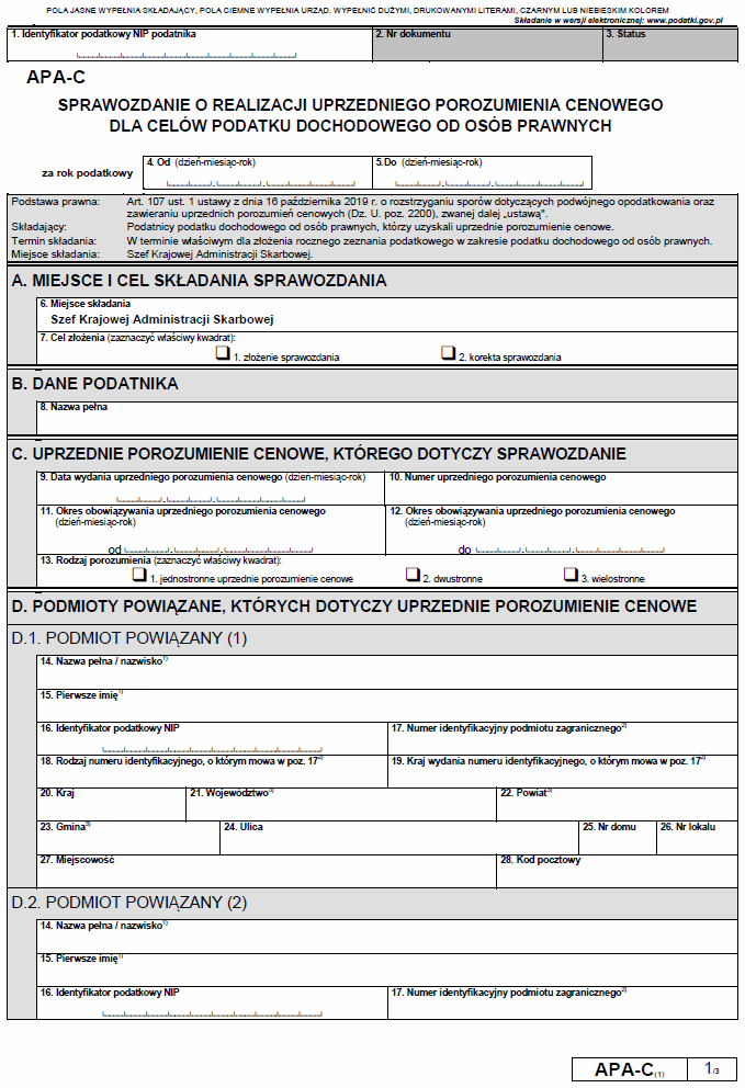 APA-C Sprawozdanie o realizacji uprzedniego porozumienia cenowego dla celów podatku dochodowego od osób prawnych