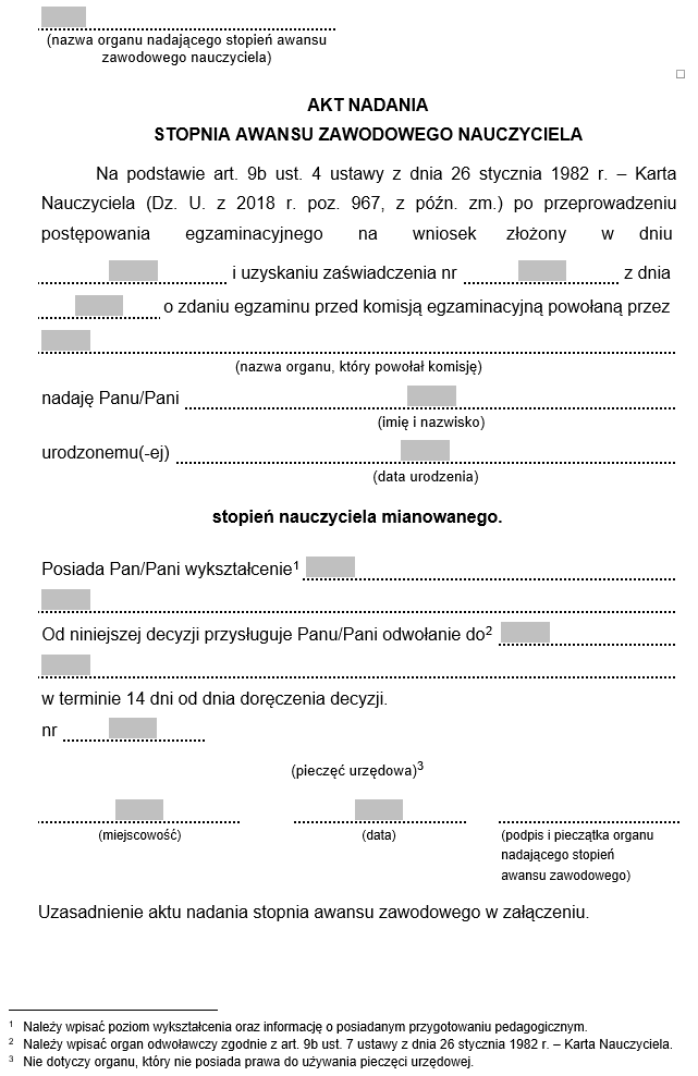 Wzory dotyczące uzyskiwania stopni awansu zawodowego przez nauczycieli