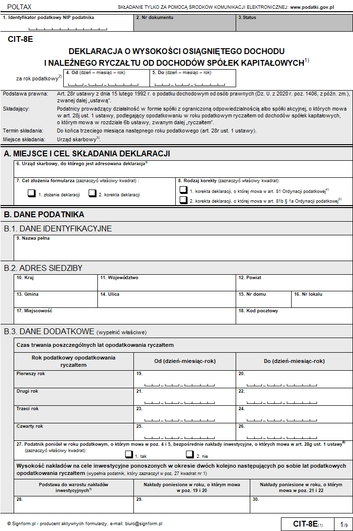 Formularz CIT-8E wraz z załącznikiem CIT/EZ 