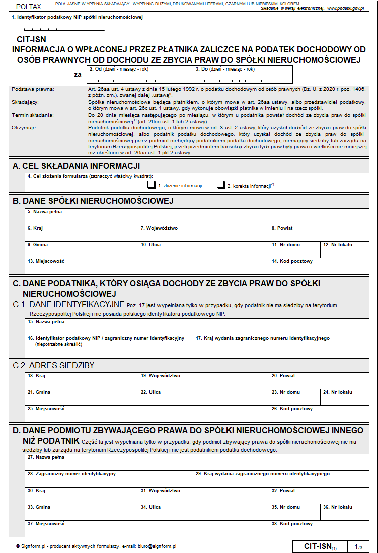 CIT-ISN Informacja o wpłaconej przez płatnika zaliczce na podatek dochodowy od osób prawnych od dochodu ze zbycia praw do spółki nieruchomościowej