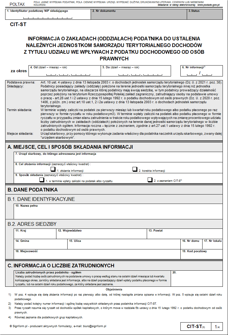 Nowy wzór CIT-ST - obowiązujący w 2021 r.