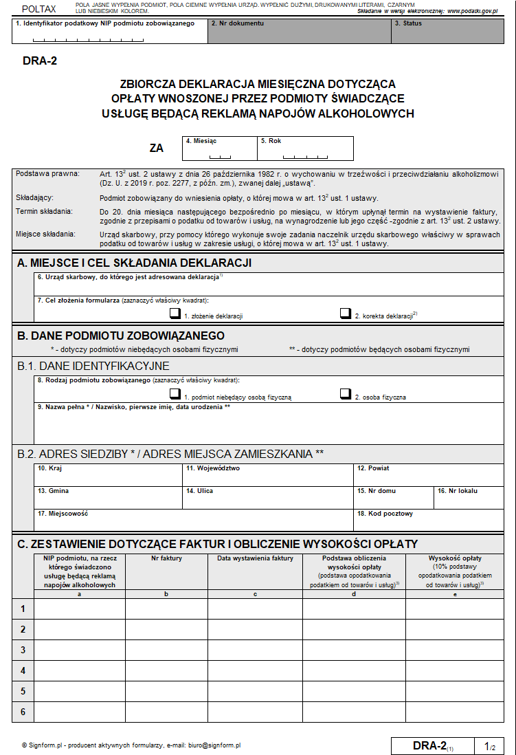 Wzór DRA-2 Zbiorcza deklaracja miesięczna dotycząca opłaty wnoszonej przez podmioty świadczące usługę będącą reklamą napojów alkoholowych