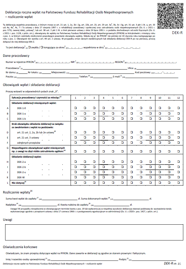 Nowe wzory deklaracji PFRON: DEK-I-0, DEK-I-a, DEK-I-b, DEK-I-u, DEK-II-a, DEK-II-b, DEK-II-u, DEK-W, DEK-R, DEK-Z 