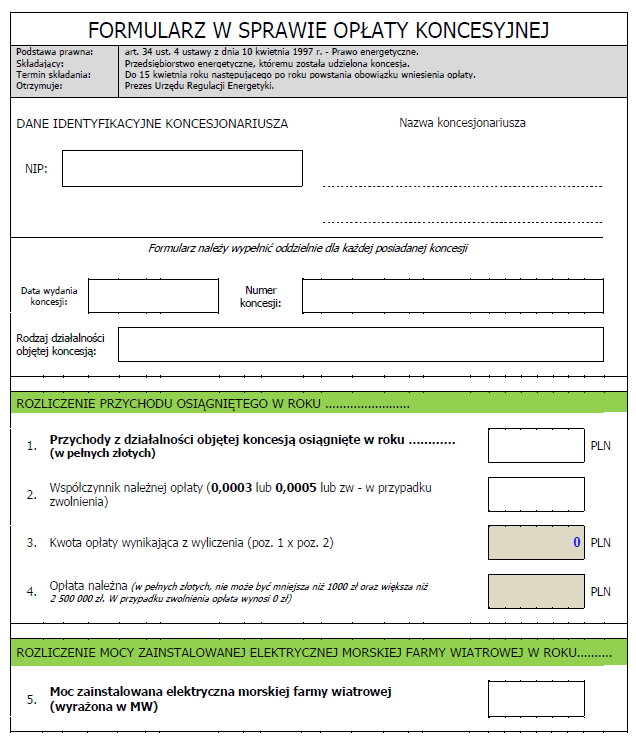 Formularz w sprawie opłaty koncesyjnej