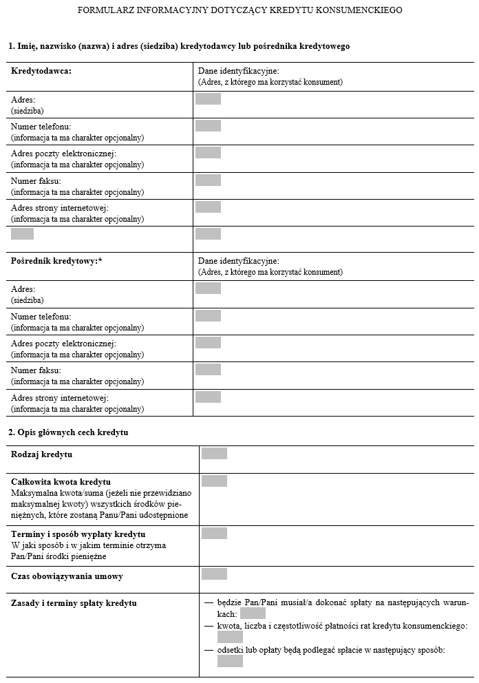 Formularz informacyjny dotyczący kredytu konsumenckiego (w rachunku oszczędnościowo-rozliczeniowym)