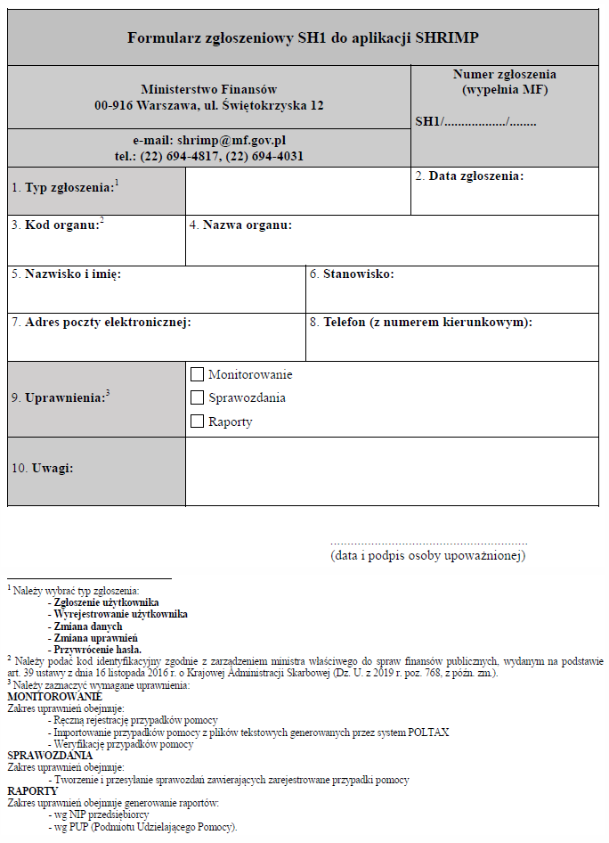 Formularz zgłoszeniowy SH1 do aplikacji SHRIMP