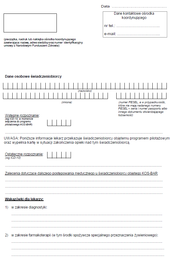 Karta KOS-BAR + Deklaracja wyboru świadczeniodawcy realizującego program pilotażowy leczenia otyłości olbrzymiej