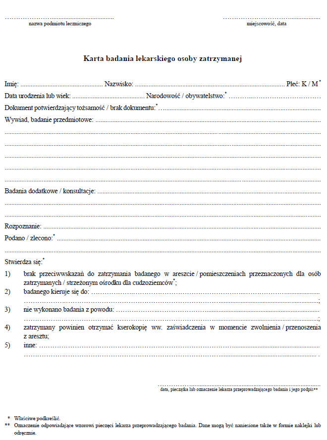 Karta i Wniosek o przeprowadzenie badania lekarskiego osoby zatrzymanej przez funkcjonariuszy Straży Granicznej