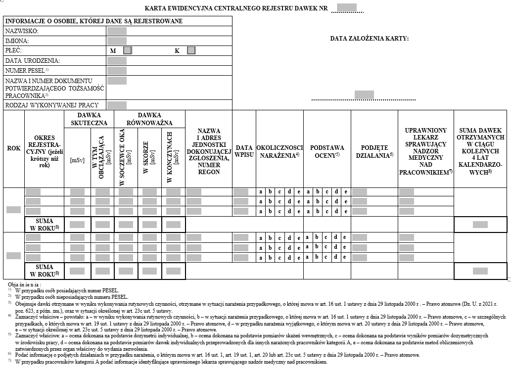 Karta zgłoszeniowa / Karta ewidencyjna Centralnego Rejestru Dawek