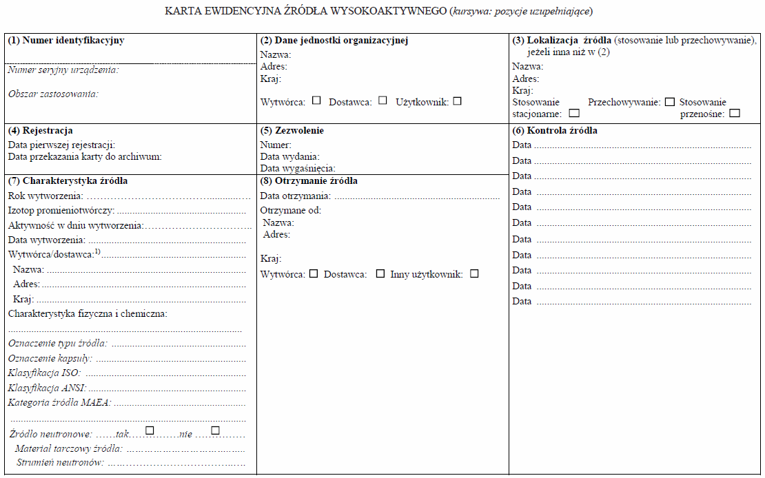 Karta ewidencyjna źródła wysokoaktywnego - wzór formularza