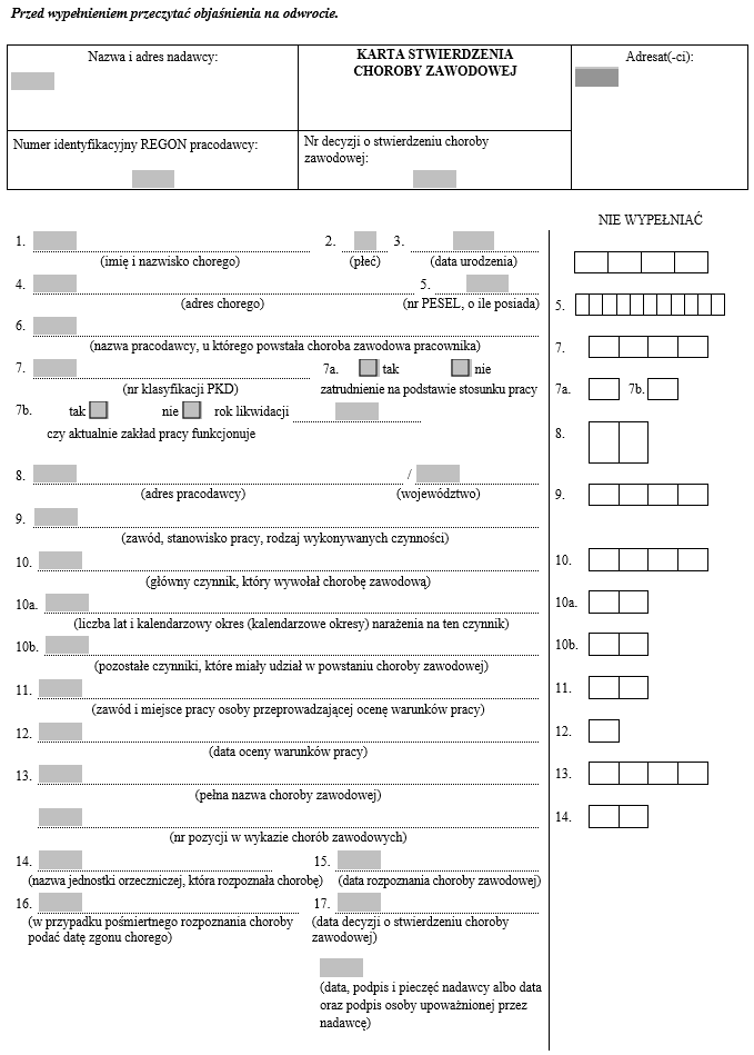 Wzory dotyczące sposobu dokumentowania chorób zawodowych i skutków tych chorób