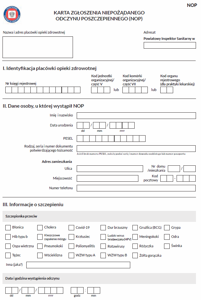 Karta zgłoszenia niepożądanego odczynu poszczepiennego (NOP) - NOWY WZÓR FORMULARZA