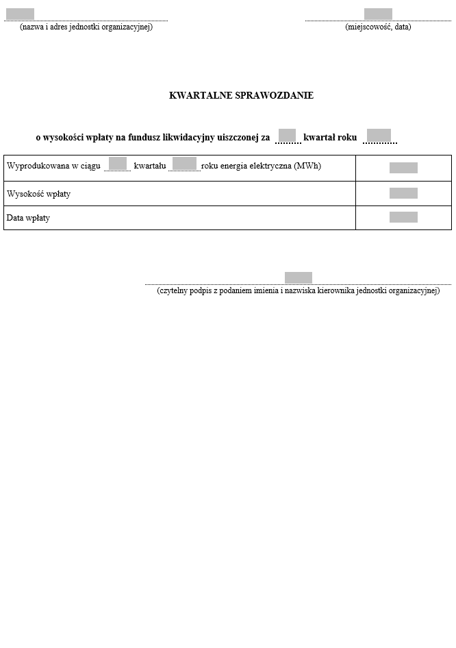 Kwartalne sprawozdanie o wysokości wpłaty na fundusz likwidacyjny