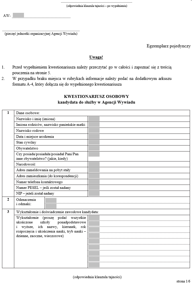 Kwestionariusz osobowy kandydata do służby w Agencji Wywiadu