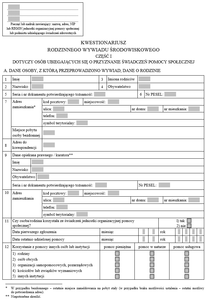 Kwestionariusz rodzinnego wywiadu środowiskowego - NOWY WZÓR FORMULARZA